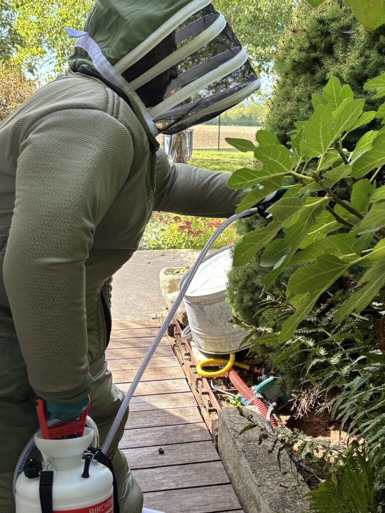 Technicien HDN en tenue de protection traitant un nid de guêpes à Sens